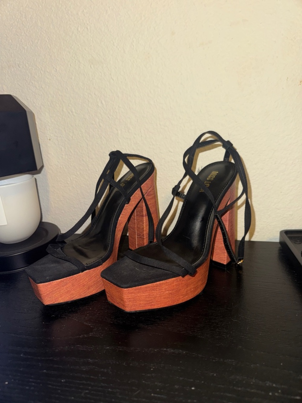 Platform Strappy High Heel Sandals - Black and Rust